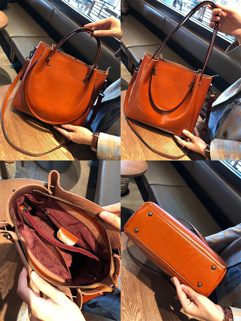 Model showcasing Elegant Oil Waxed Leather Top Handle Tote Bag in multiple angles