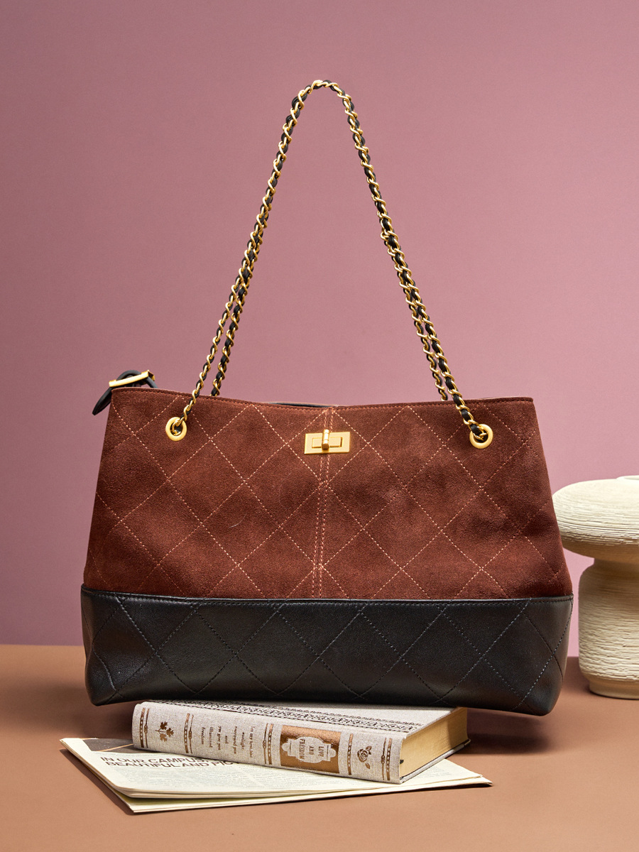 Premium Genuine Leather Two-Tone Chain Bucket Bag in Coffee – Lifestyle Shot