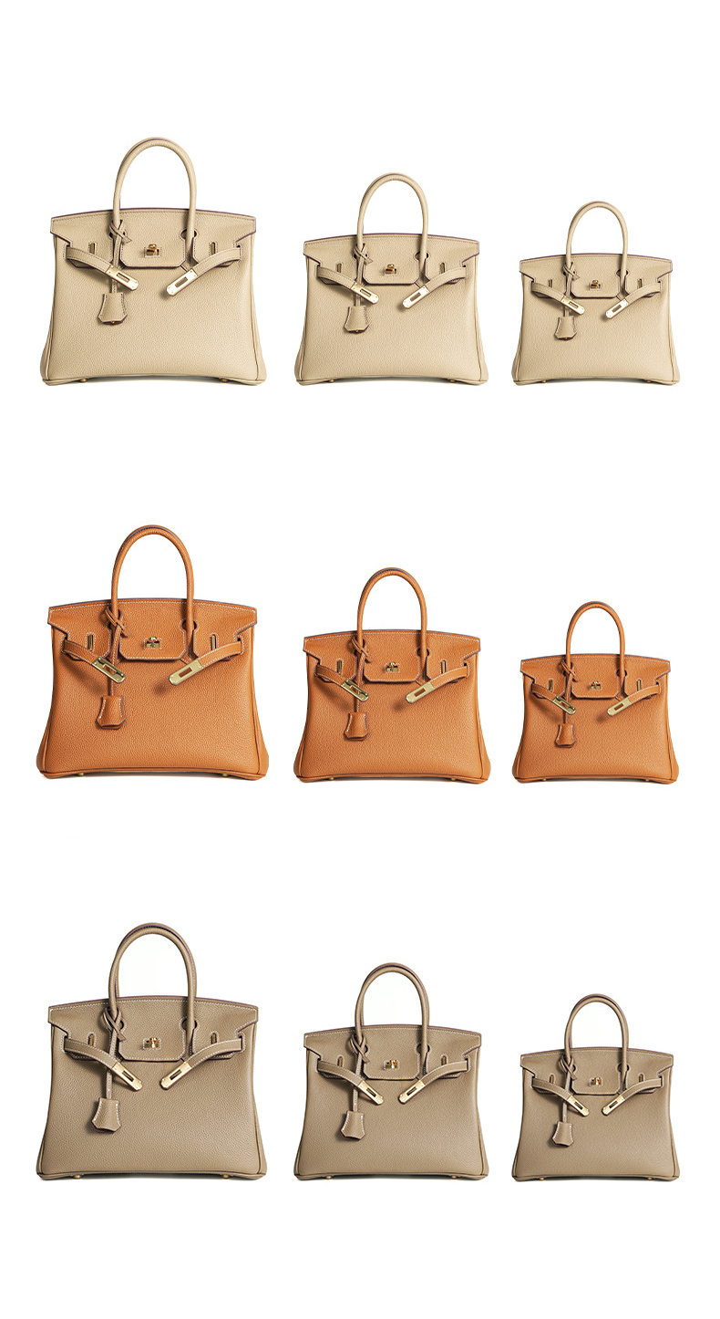 Premium Togo Leather Structured Top Handle Bag – Three Sizes in Elephant Gray, Golden Brown, and Khaki