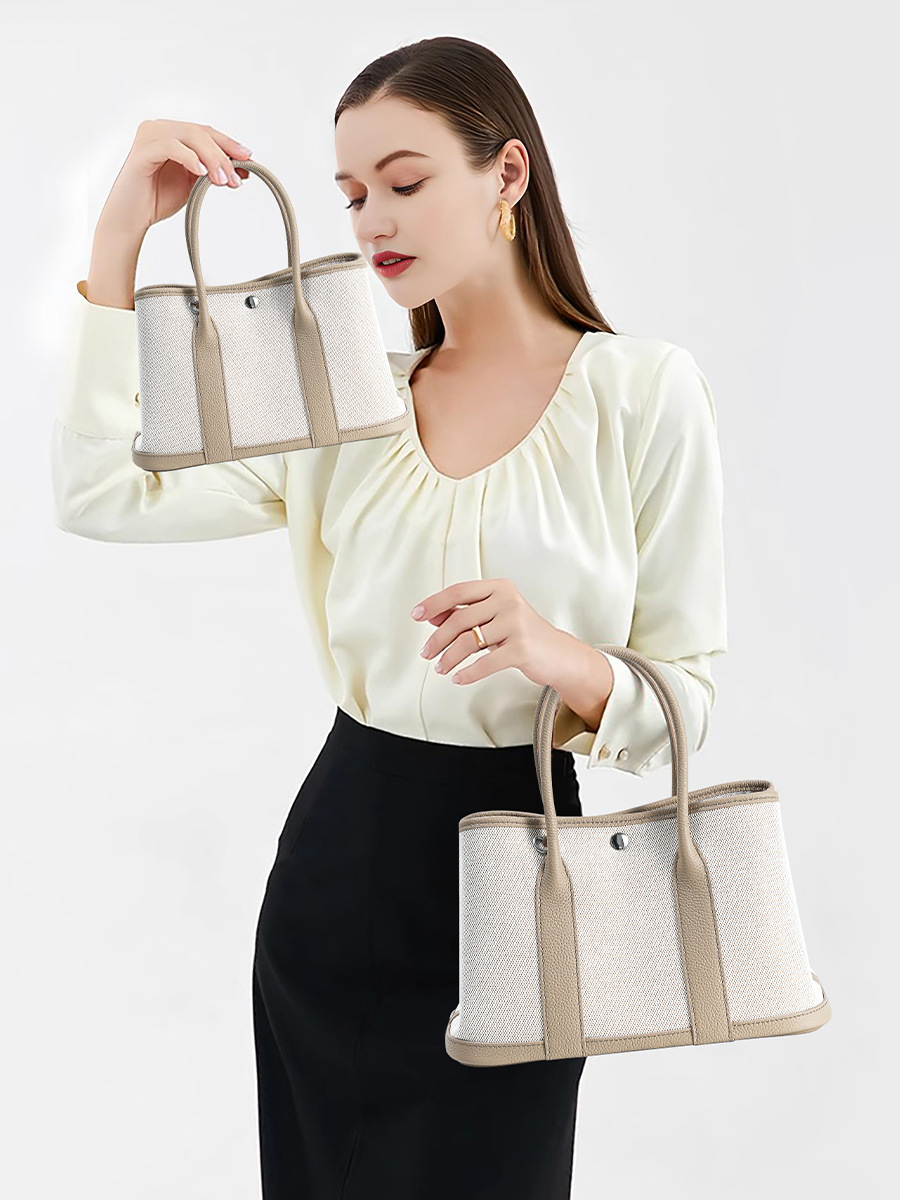 Premium Genuine Leather and Canvas Structured Tote Bag in Elephant Gray – Model Featuring Medium and Small Sizes