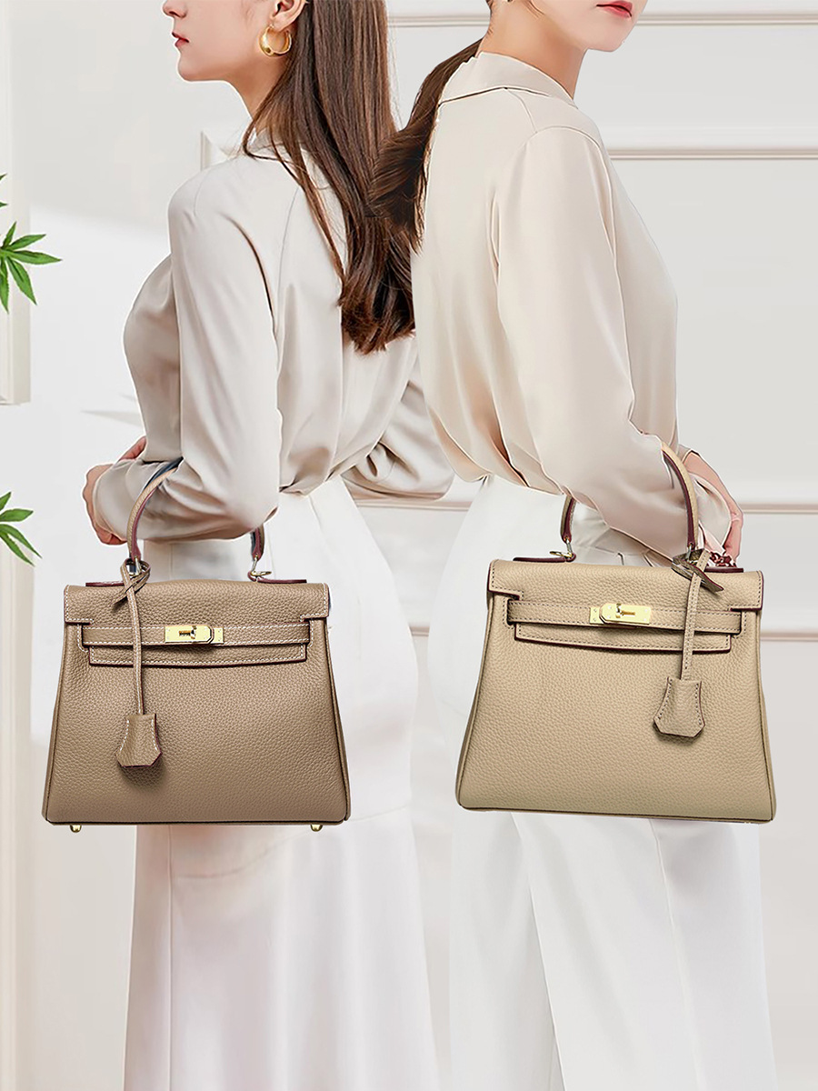 Model showcasing Premium Togo Leather Structured Top Handle Bags in Khaki and Elephant Gray