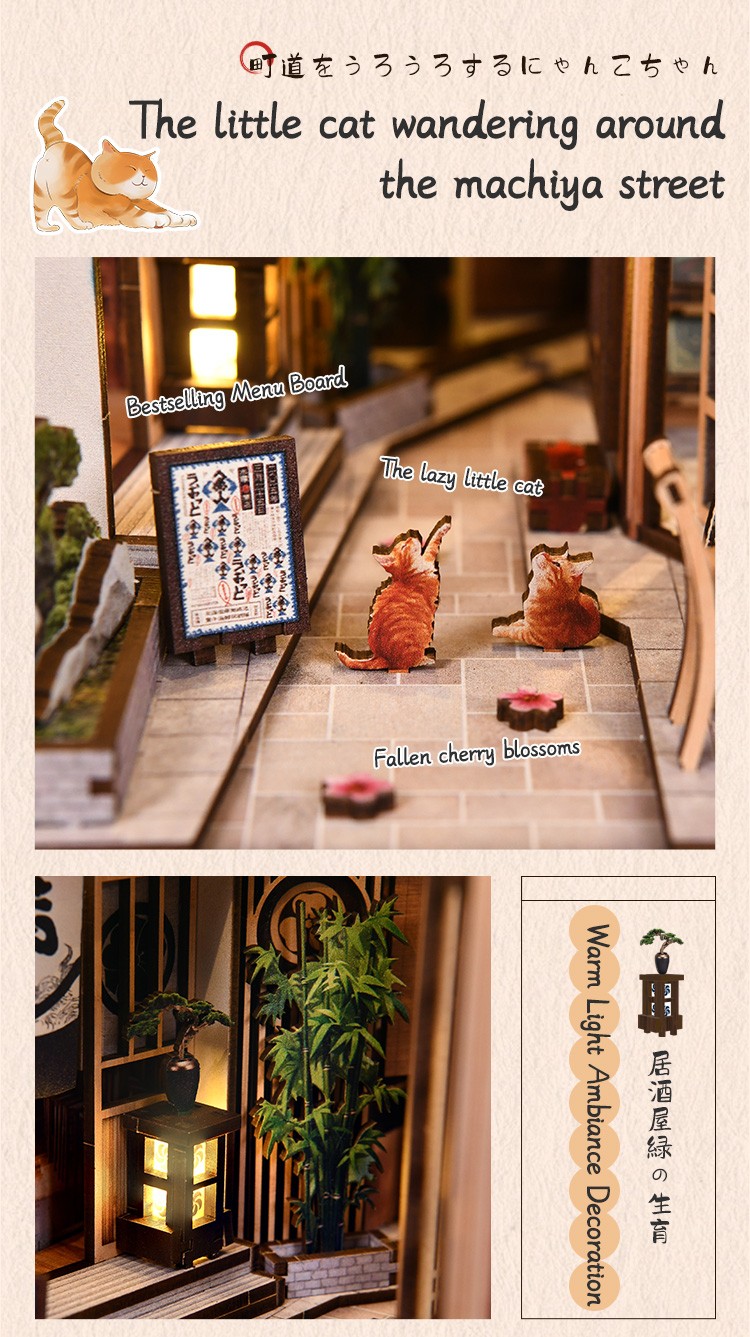 Close-up details of Xinyue The Alley Waiting for the Cat DIY Book Nook Kit featuring miniature cats, warm lantern lighting, and Japanese alley decor