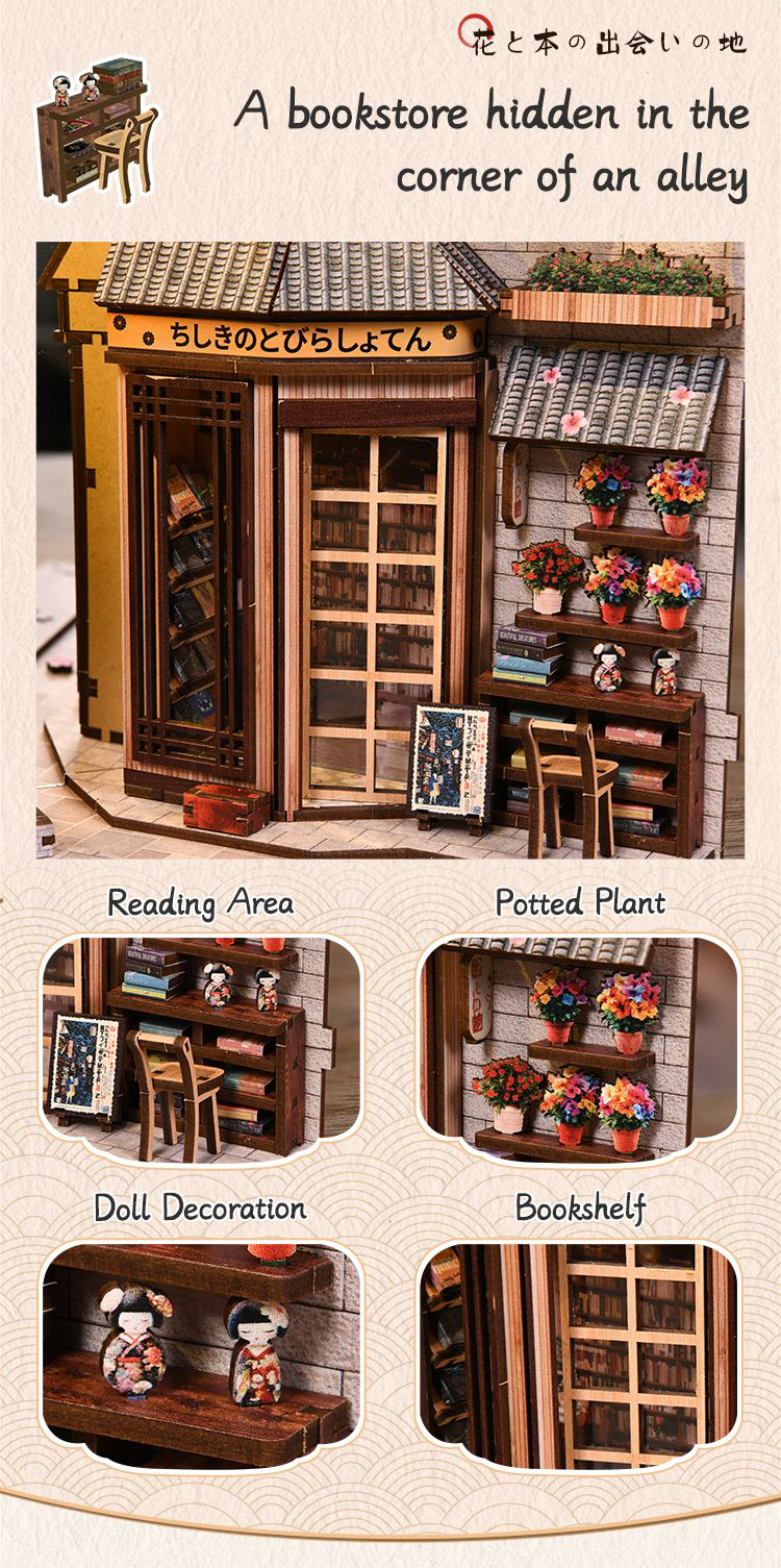 Xinyue The Alley Waiting for the Cat DIY Book Nook Kit bookstore corner scene with miniature bookshelf, reading area, potted flowers, and detailed Japanese alley decor