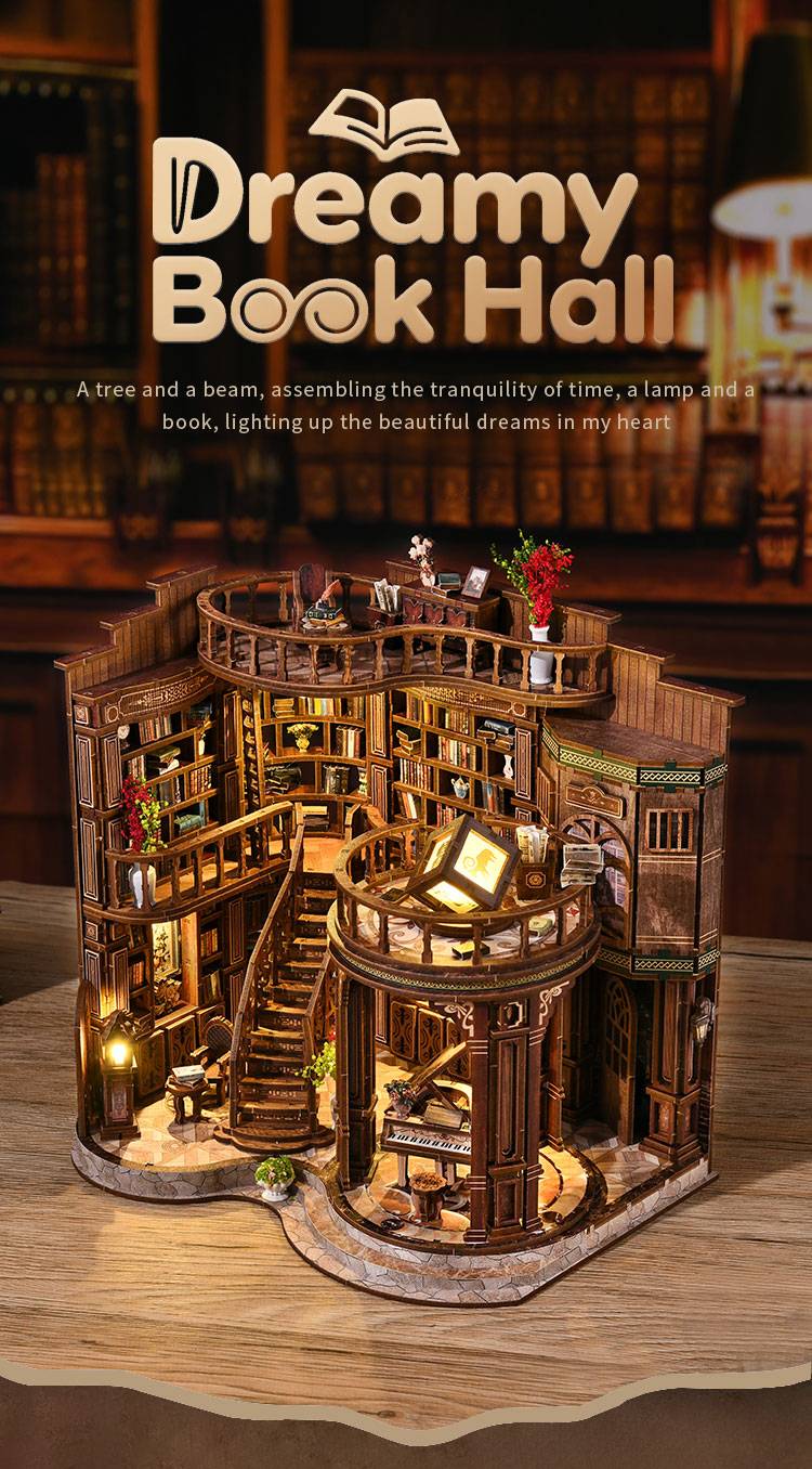 Dreamy Book Hall DIY miniature house featuring a grand multi-level library interior, curved staircases, warm LED lighting, and detailed vintage reading room decor