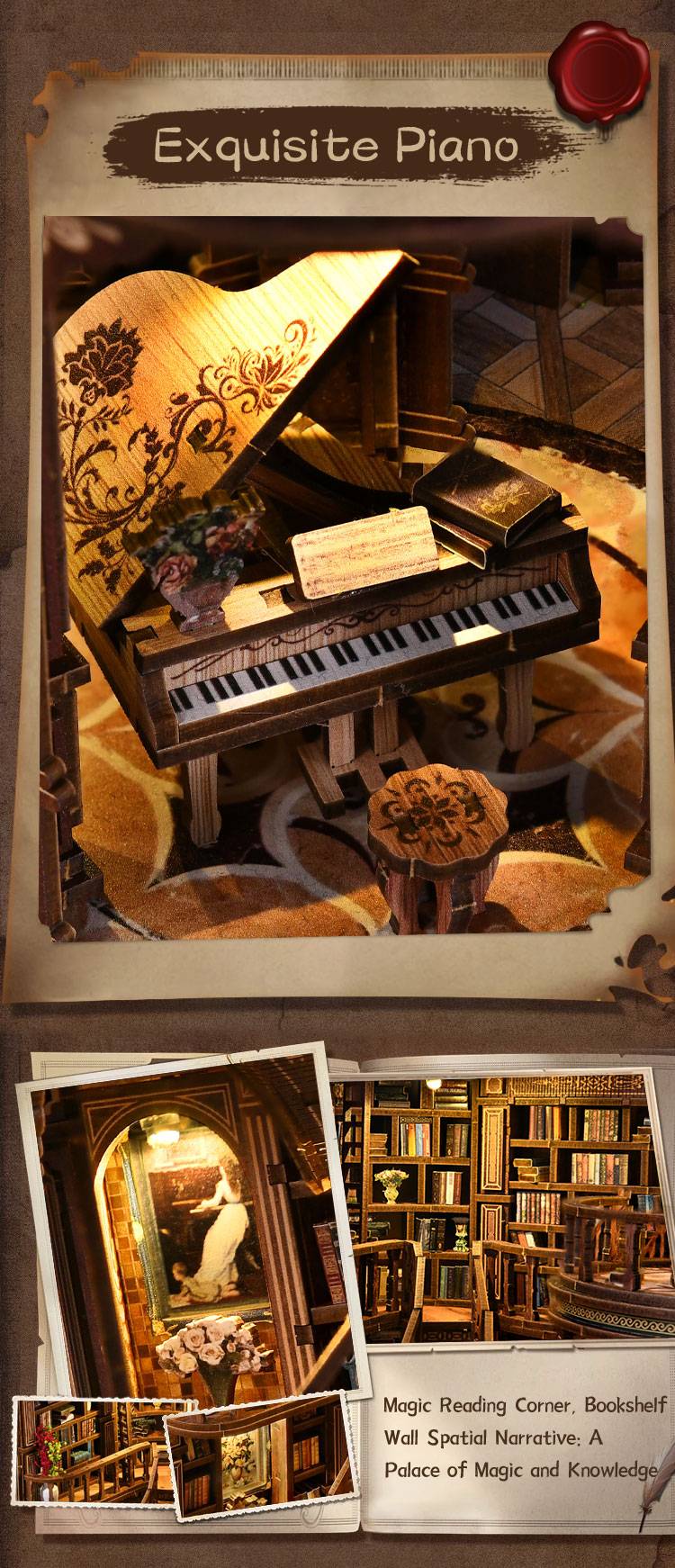 Detailed piano and library corner inside the Dreamy Book Hall DIY miniature house, showcasing miniature bookshelves, warm lighting, elegant wooden textures, and fantasy-inspired reading room decor
