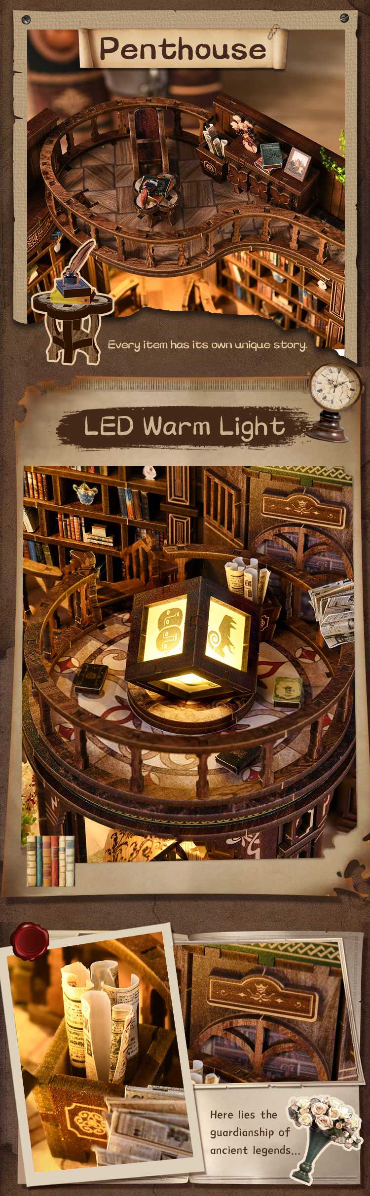 Close-up view of the Dreamy Book Hall DIY miniature house showcasing warm LED lighting, upper reading balcony, miniature bookshelves, newspapers, and detailed library accessories
