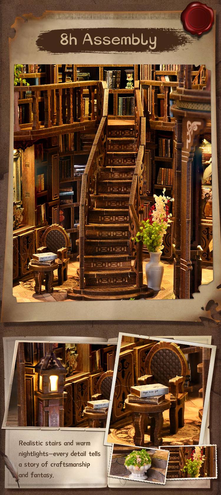 Close-up view of the Dreamy Book Hall DIY miniature house featuring detailed wooden staircases, vintage reading furniture, warm LED lighting, and realistic library interior decor