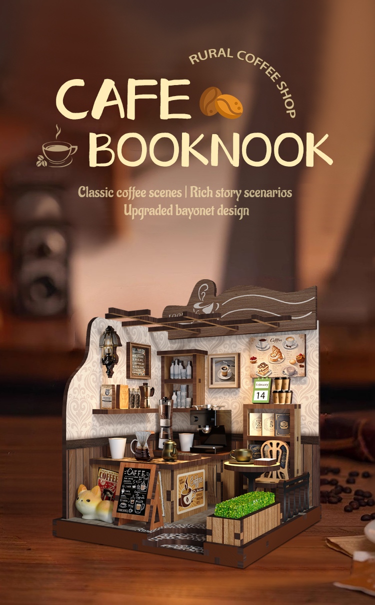 Xinyue Country Cafe DIY Miniature House Kit featuring cozy coffee shop interior, miniature cafe furniture, coffee accessories, wooden decor, and relaxing countryside cafe atmosphere
