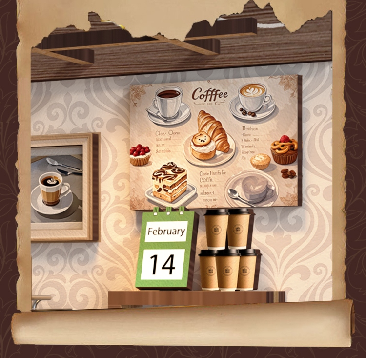 Close-up detail of the Xinyue Country Cafe DIY Miniature House Kit featuring miniature cafe menu artwork, coffee cup decorations, wall decor, and realistic coffee shop accessories