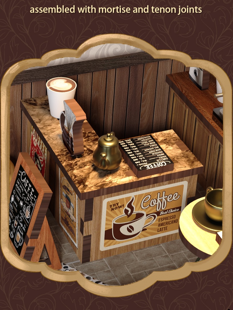 Close-up detail of the Xinyue Country Cafe DIY Miniature House Kit showing realistic coffee counter, miniature cafe menu board, coffee cup accessories, and handcrafted wooden cafe design