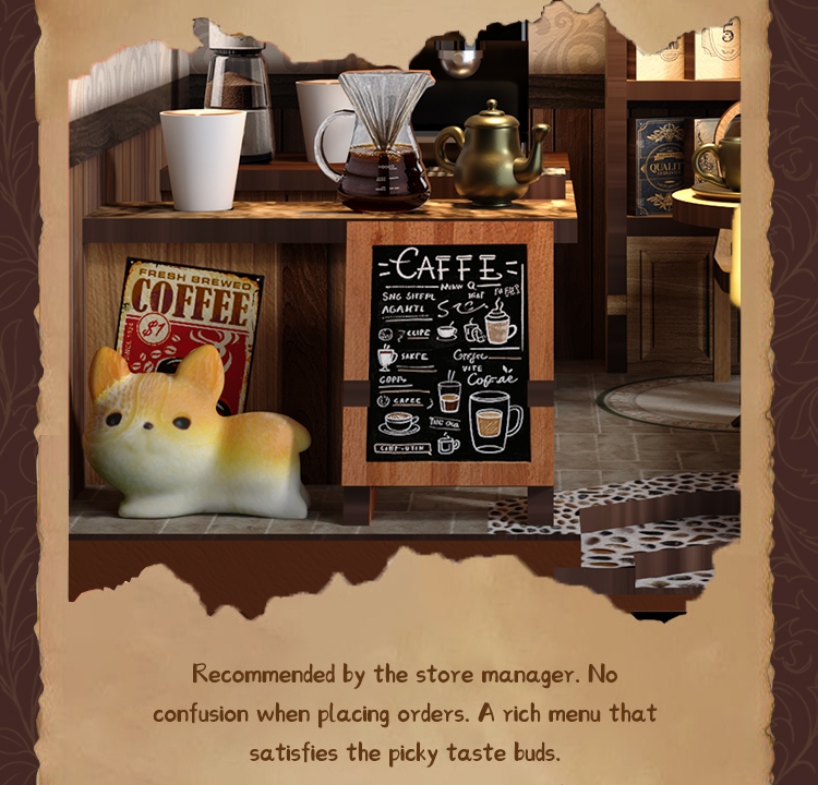 Close-up detail of the Xinyue Country Cafe DIY Miniature House Kit featuring miniature coffee counter, cafe menu board, realistic drink accessories, and cozy coffee shop atmosphere