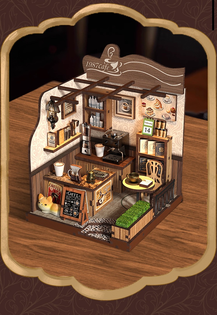 Xinyue Country Cafe DIY Miniature House Kit featuring realistic coffee shop interior, miniature cafe furniture, coffee equipment, wooden shelves, and cozy tabletop display atmosphere