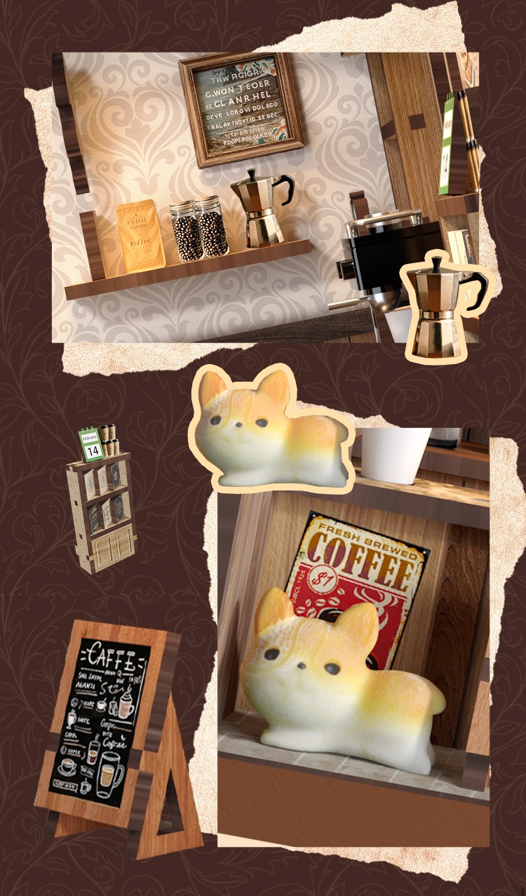 Detailed accessories of the Xinyue Country Cafe DIY Miniature House Kit including miniature coffee tools, cafe shelves, menu board, decorative furniture, and cozy coffee shop scene elements