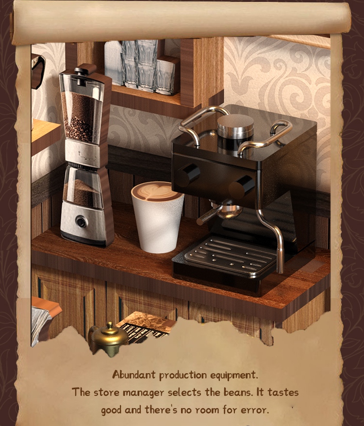 Close-up detail of the Xinyue Country Cafe DIY Miniature House Kit showing miniature coffee machine, grinder, coffee cup accessories, and realistic cafe counter design