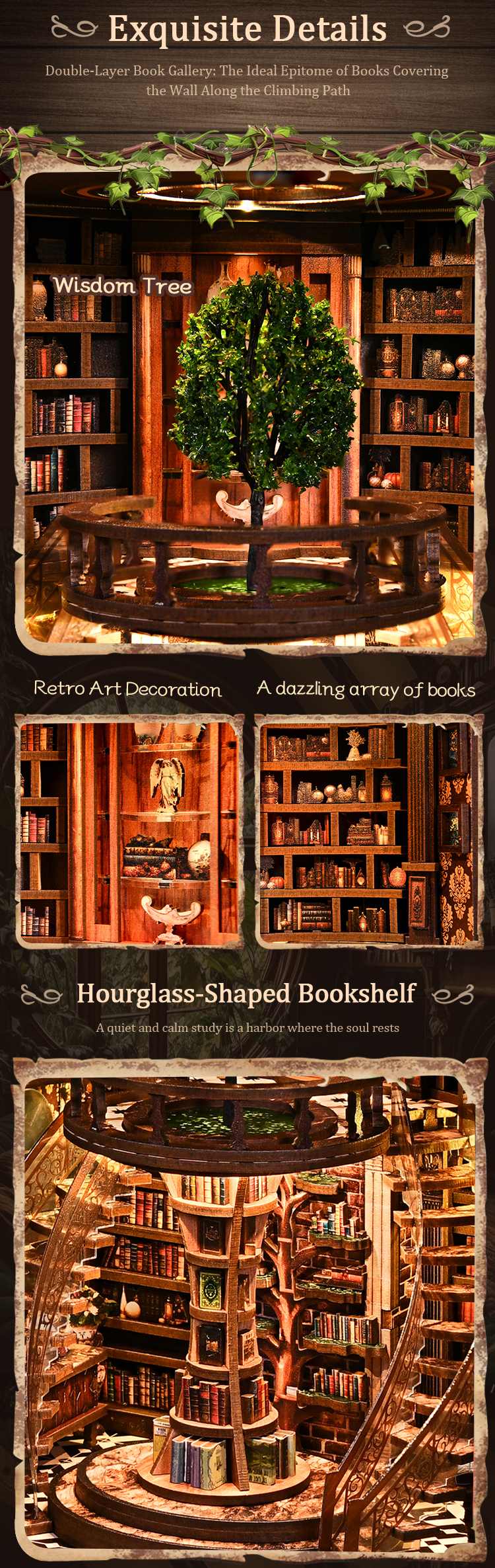 Fantasy library DIY book nook featuring tree-inspired bookshelves, retro study decor, warm lighting, and intricate miniature reading room details