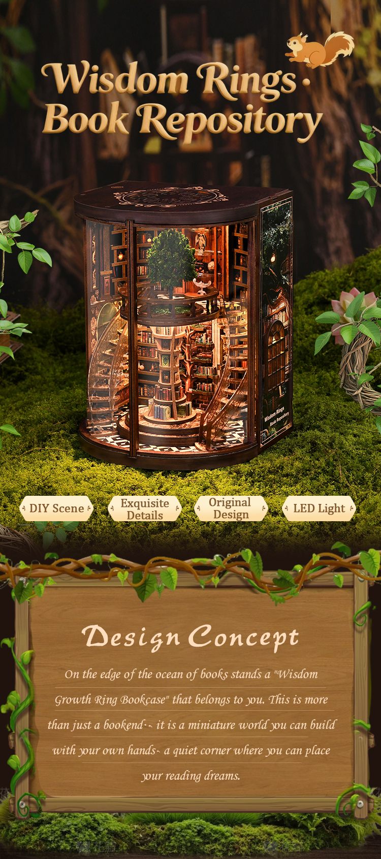 Xinyue Wisdom Rings Book Repository DIY book nook with warm LED lighting, fantasy library design, and immersive miniature bookshelf scene