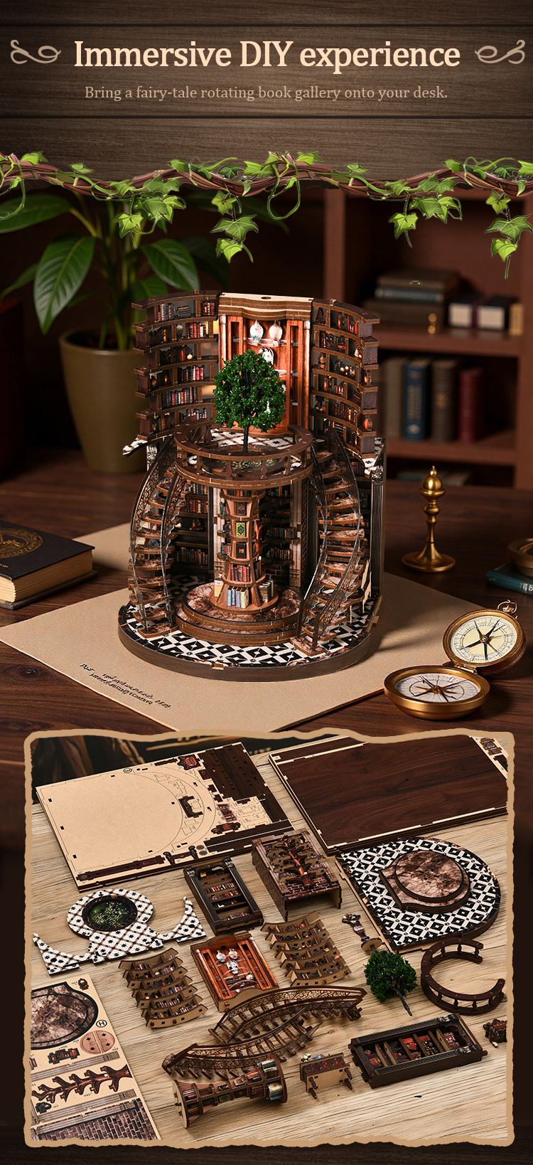 Xinyue Wisdom Rings Book Repository DIY book nook with detailed assembly parts, layered bookshelf structure, and immersive fantasy library design