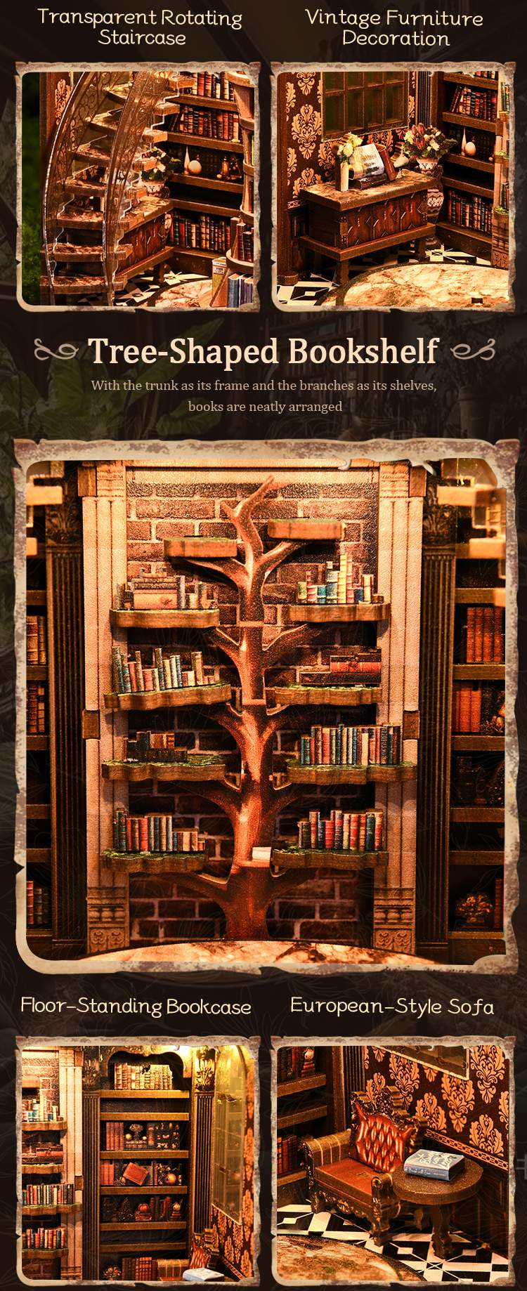 Fantasy library DIY book nook featuring transparent spiral staircases, tree-shaped bookshelves, vintage furniture, and warm illuminated reading room details