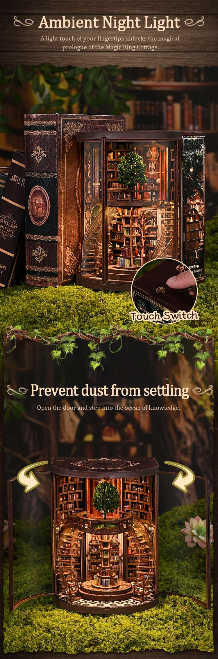 Fantasy library DIY book nook featuring touch-controlled ambient lighting, opening dust-proof doors, and detailed illuminated bookshelf interior