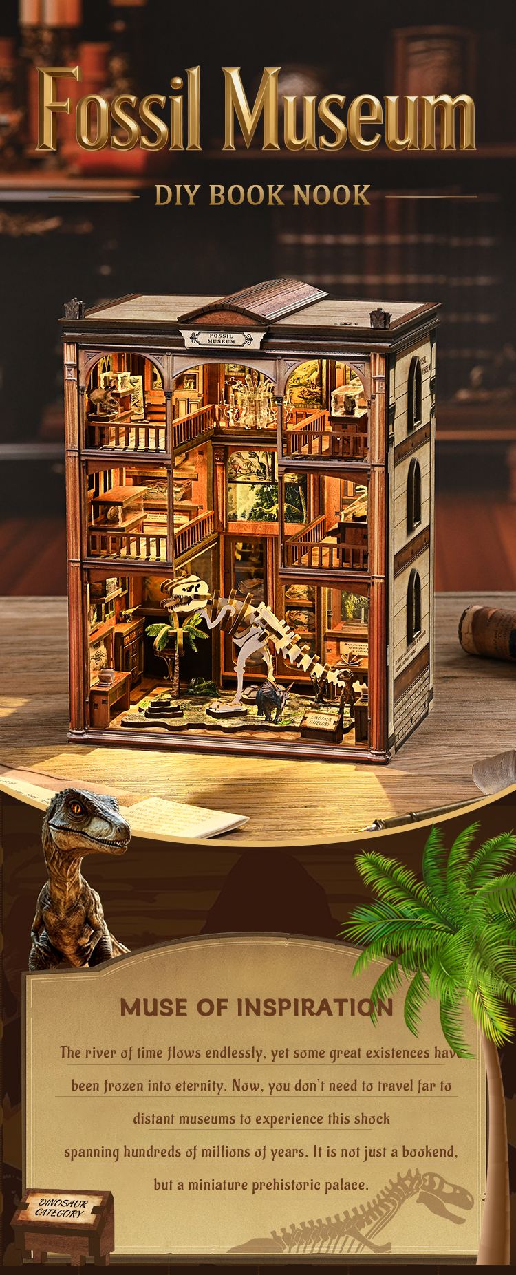 Fossil Museum DIY Book Nook Kit with glowing museum interior, dinosaur skeleton display, miniature fossil exhibits, and warm vintage library atmosphere