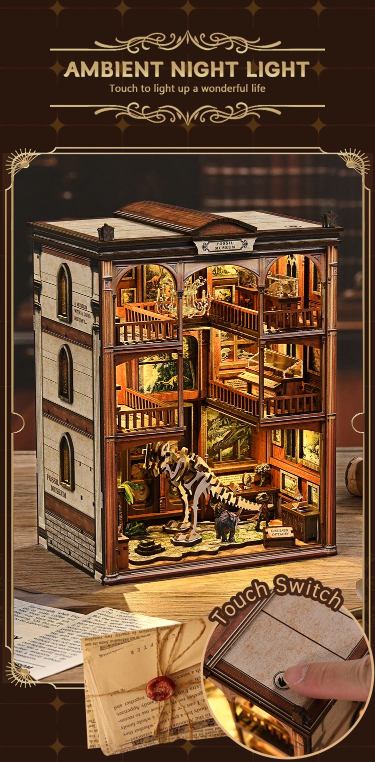 Xinyue Fossil Museum DIY Book Nook Kit featuring touch light switch, illuminated multi-level dinosaur museum scene, detailed display cases, and realistic miniature decor