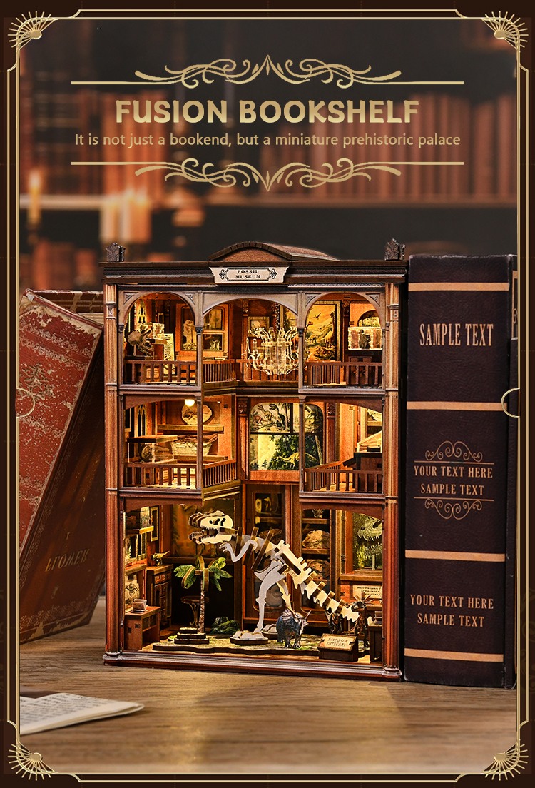 Fossil Museum DIY Book Nook Kit displayed beside vintage books, featuring illuminated dinosaur exhibits, layered museum balconies, and realistic bookshelf decor styling