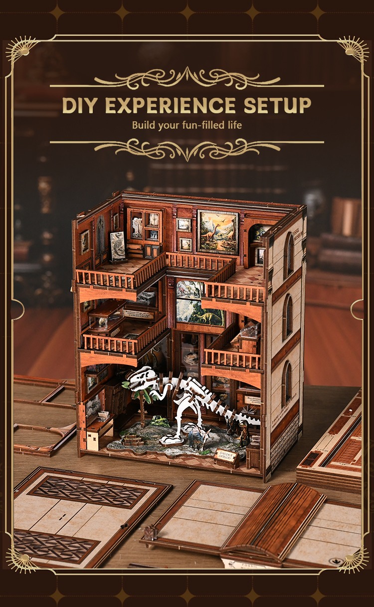 Xinyue Fossil Museum DIY Book Nook Kit assembly scene with open miniature museum structure, dinosaur skeleton centerpiece, wooden parts layout, and immersive DIY crafting experience
