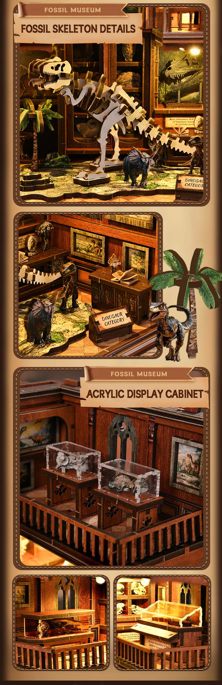 Close-up details of the Xinyue Fossil Museum DIY Book Nook Kit with dinosaur skeleton centerpiece, acrylic display cabinets, miniature museum exhibits, and warm illuminated interior decor