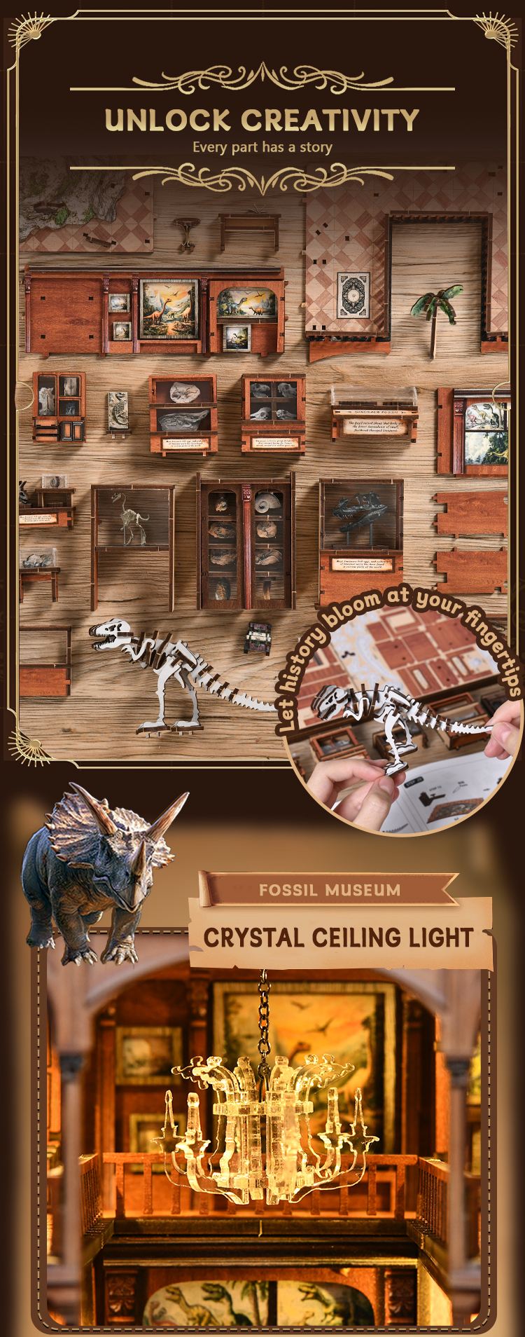 Fossil Museum DIY Book Nook Kit parts and assembly details featuring miniature dinosaur exhibits, fossil displays, crystal chandelier lighting, and immersive hands-on DIY building experience