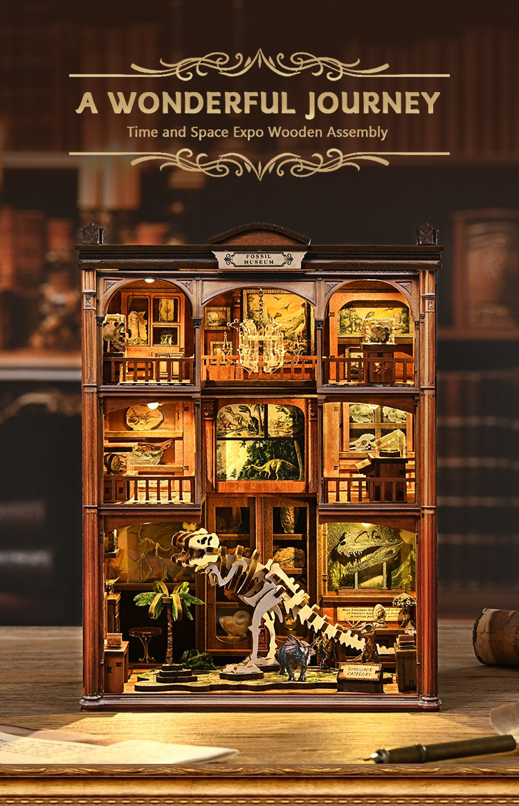 Front view of the Xinyue Fossil Museum DIY Book Nook Kit featuring illuminated dinosaur exhibits, multi-level museum galleries, vintage wooden architecture, and realistic prehistoric display details
