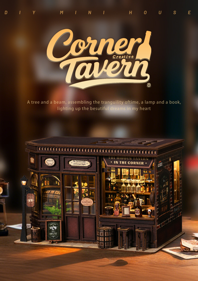 Xinyue Corner Tavern DIY Miniature House Kit with warm LED lighting, vintage wine bar details, wooden storefront design, and cozy tabletop display atmosphere