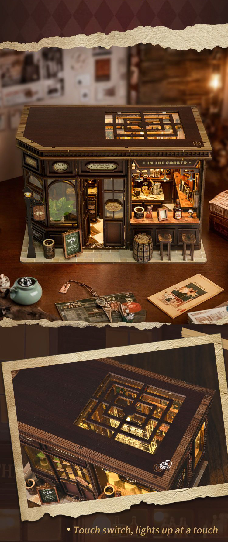 Xinyue Corner Tavern DIY Miniature House Kit featuring touch switch lighting, detailed tavern interior, transparent rooftop window, and warm miniature display ambiance
