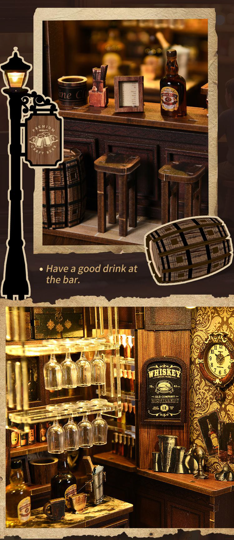 Close-up of the Xinyue Corner Tavern DIY Miniature House Kit featuring detailed bar counter accessories, hanging wine glasses, wooden stools, vintage tavern decor, and warm ambient lighting