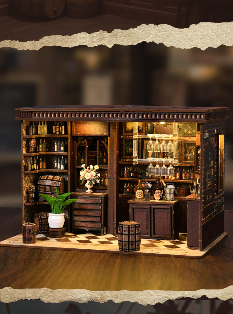 Interior view of the Xinyue Corner Tavern DIY Miniature House Kit showcasing detailed wooden furniture, miniature wine shelves, cozy tavern atmosphere, and warm illuminated display scene