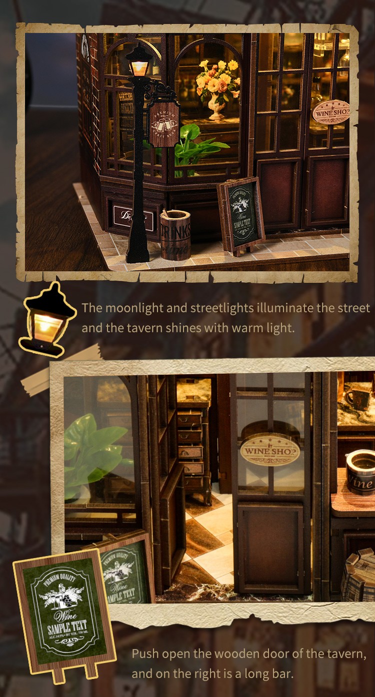 Close-up of the Xinyue Corner Tavern DIY Miniature House Kit featuring vintage streetlamp details, wooden tavern entrance, miniature signboard, warm lighting, and cozy nighttime bar atmosphere