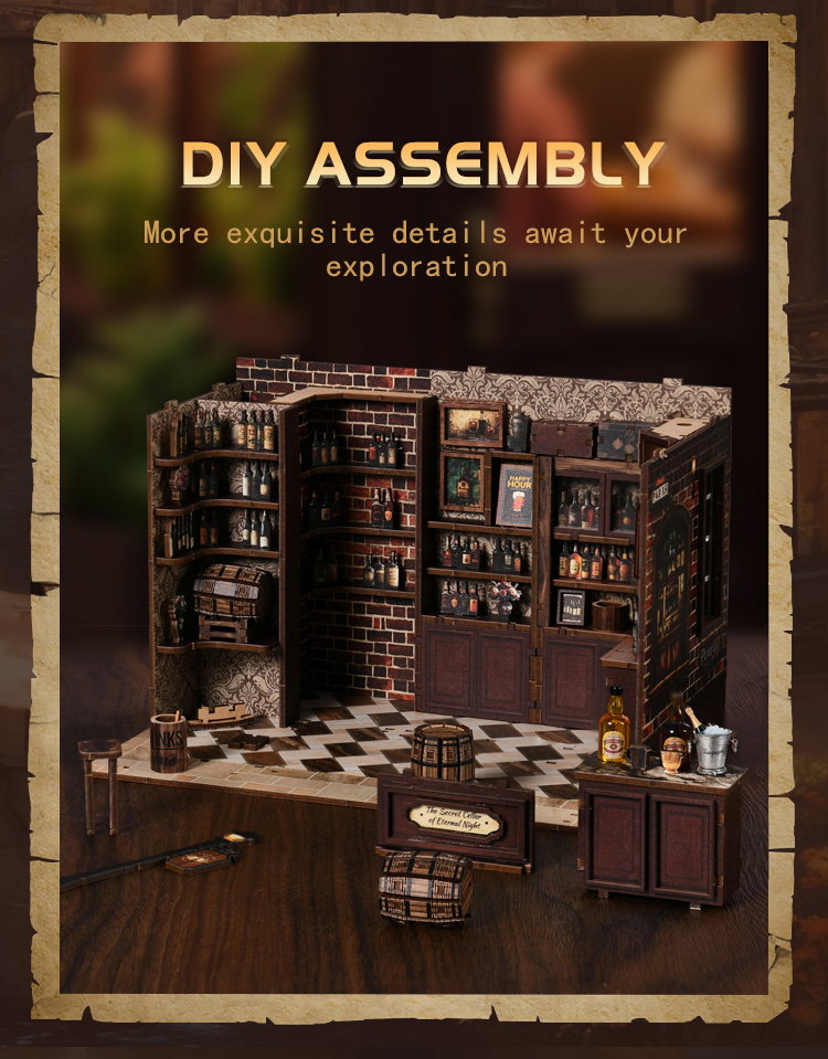 Partially assembled Xinyue Corner Tavern DIY Miniature House Kit showcasing detailed tavern interior, wooden shelves, miniature bar furniture, and immersive DIY crafting experience