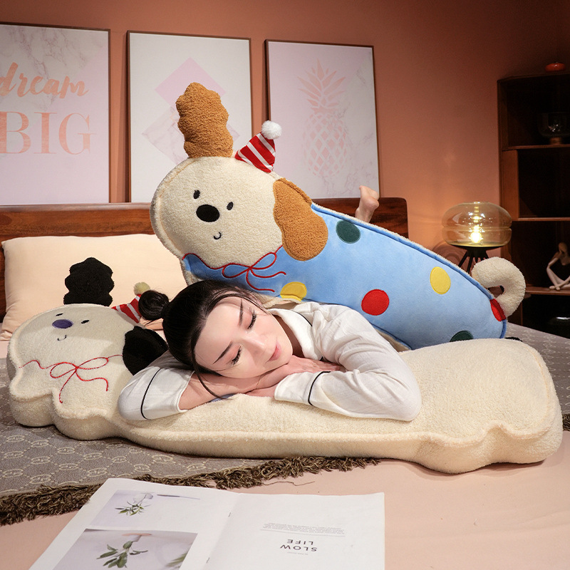 Perky ears puppy long plush pillow used as a soft dog body pillow for relaxing on bed, cozy plush cushion for lounging and comfortable home relaxation