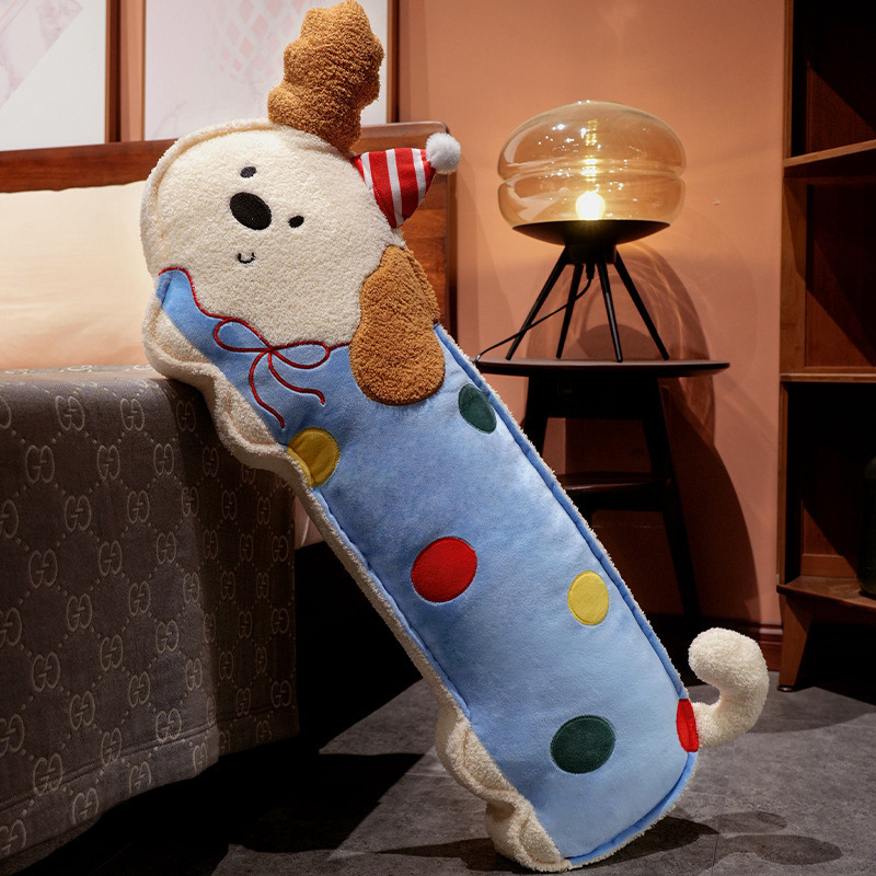 Perky ears puppy long plush pillow leaning against bed soft dog body pillow for cozy bedroom decor and relaxation