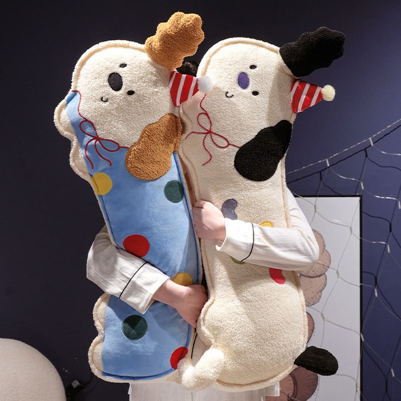 Perky ears puppy long plush pillows in polka dot and candy heart puppy designs soft dog body pillows for hugging and lounging