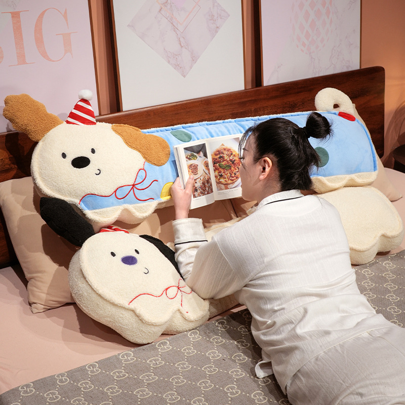 Perky ears puppy long plush pillow used as a soft backrest cushion on bed, cute dog body pillow for reading, lounging and cozy bedroom comfort