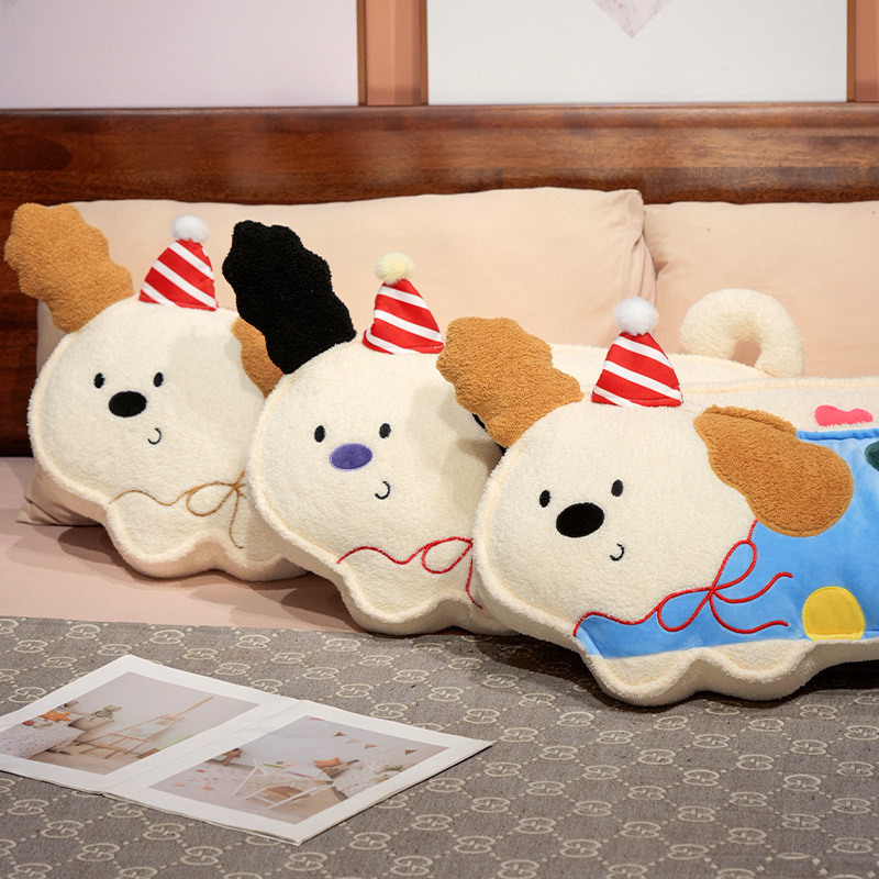 Perky ears puppy long plush pillows in polka dot, candy heart and happy designs, soft dog body pillows for hugging and cozy bedroom decor