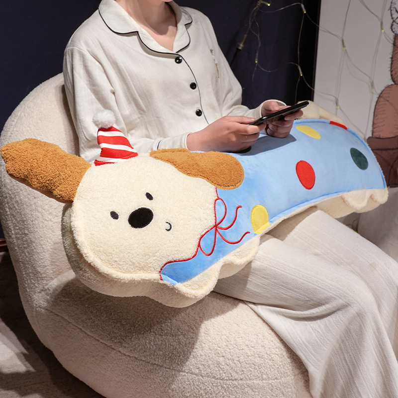 Perky ears puppy long plush pillow used as a lap cushion on chair, soft dog plush pillow for relaxing, reading or casual home comfort