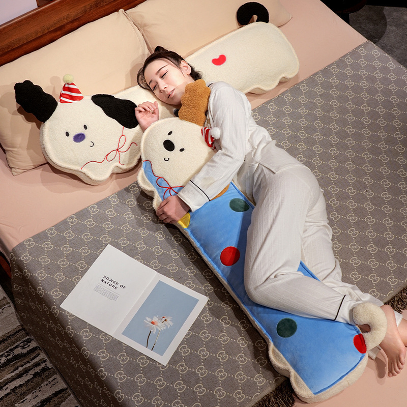 Perky ears puppy long plush pillow used as a cozy dog body pillow for hugging and side sleeping, soft plush cushion for comfortable bedtime relaxation