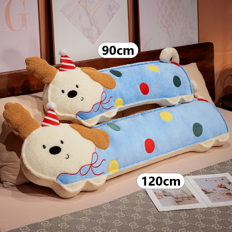 Perky ears puppy long plush pillow size comparison showing 90cm and 120cm dog body pillow on bed