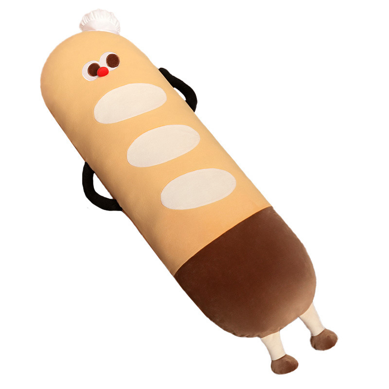 Baguette long plush pillow with chef hat design, soft bread body cushion made with plush fabric and PP cotton filling