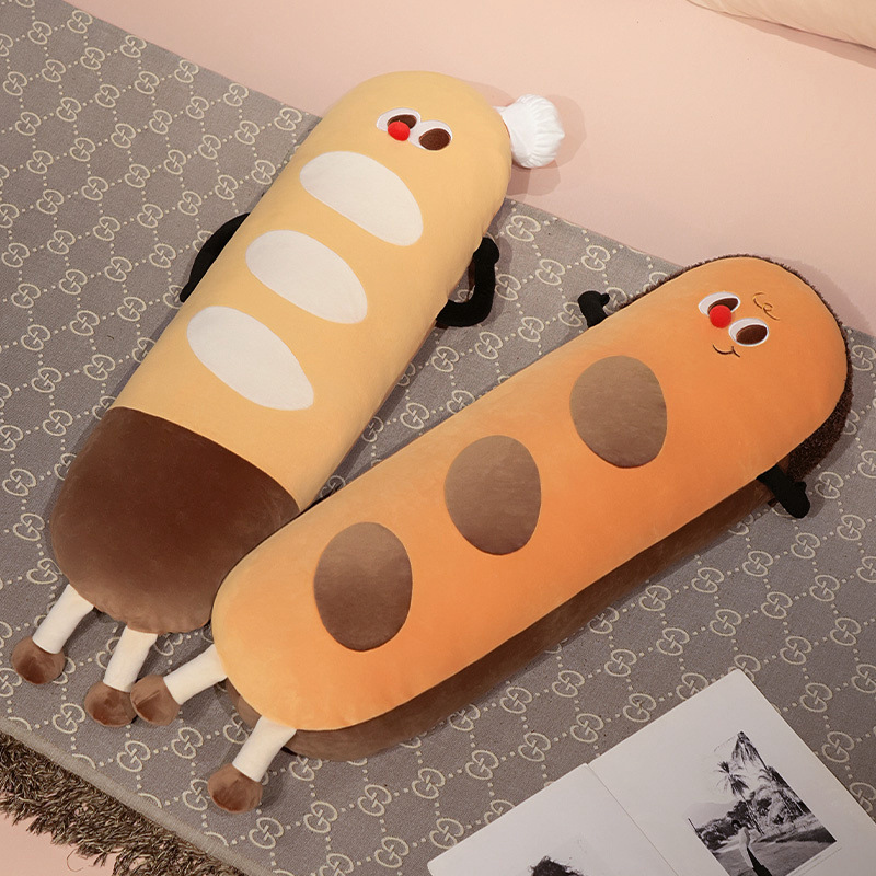 Baguette long plush pillow in chef hat and curly hair styles, cute bread-shaped body cushion made with soft plush fabric for hugging and relaxing