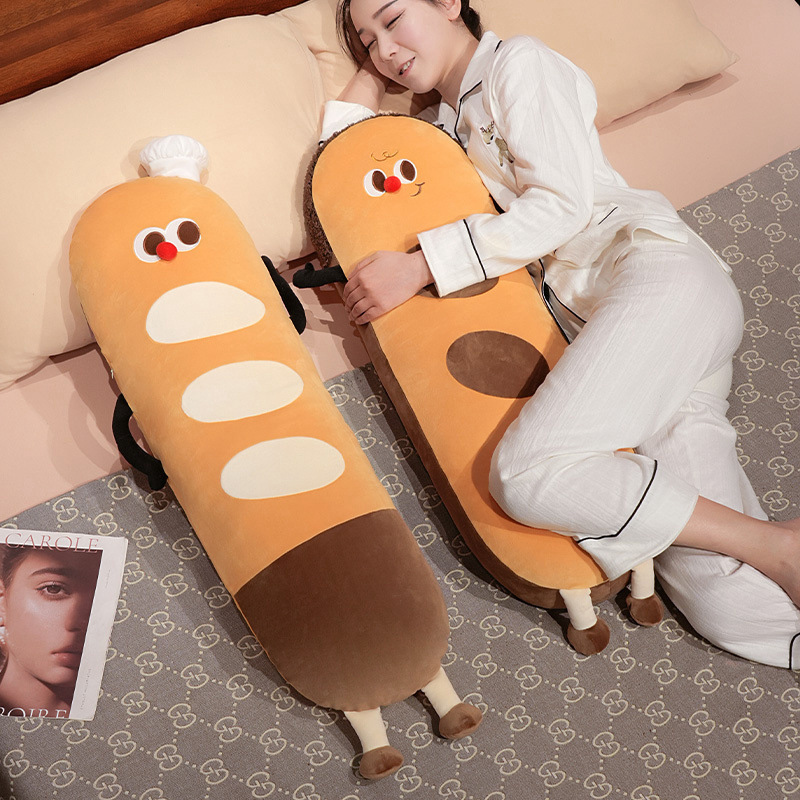 Baguette long plush pillow in chef hat and curly hair styles, soft bread body pillow designed for hugging, side sleeping, and bedroom comfort