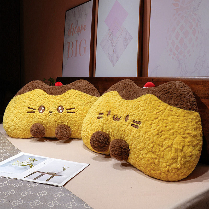 Pudding cat plush backrest pillows in round eyes and starry eyes designs, fluffy plush cushions placed on a bed for cozy back support and bedroom decor