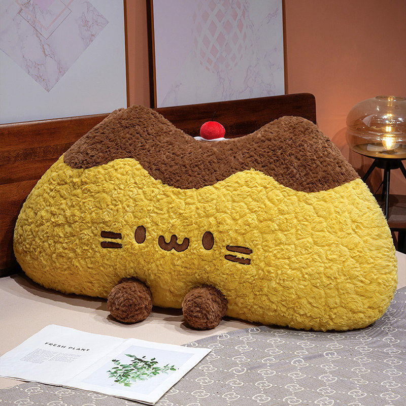 Pudding cat plush backrest pillow with soft curly plush fabric, cute pudding cat cushion providing comfortable back support for relaxing on the bed
