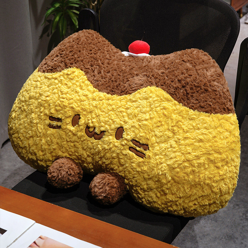 Pudding cat plush backrest pillow used as a soft chair cushion, fluffy pudding cat pillow providing cozy back support for relaxing or working